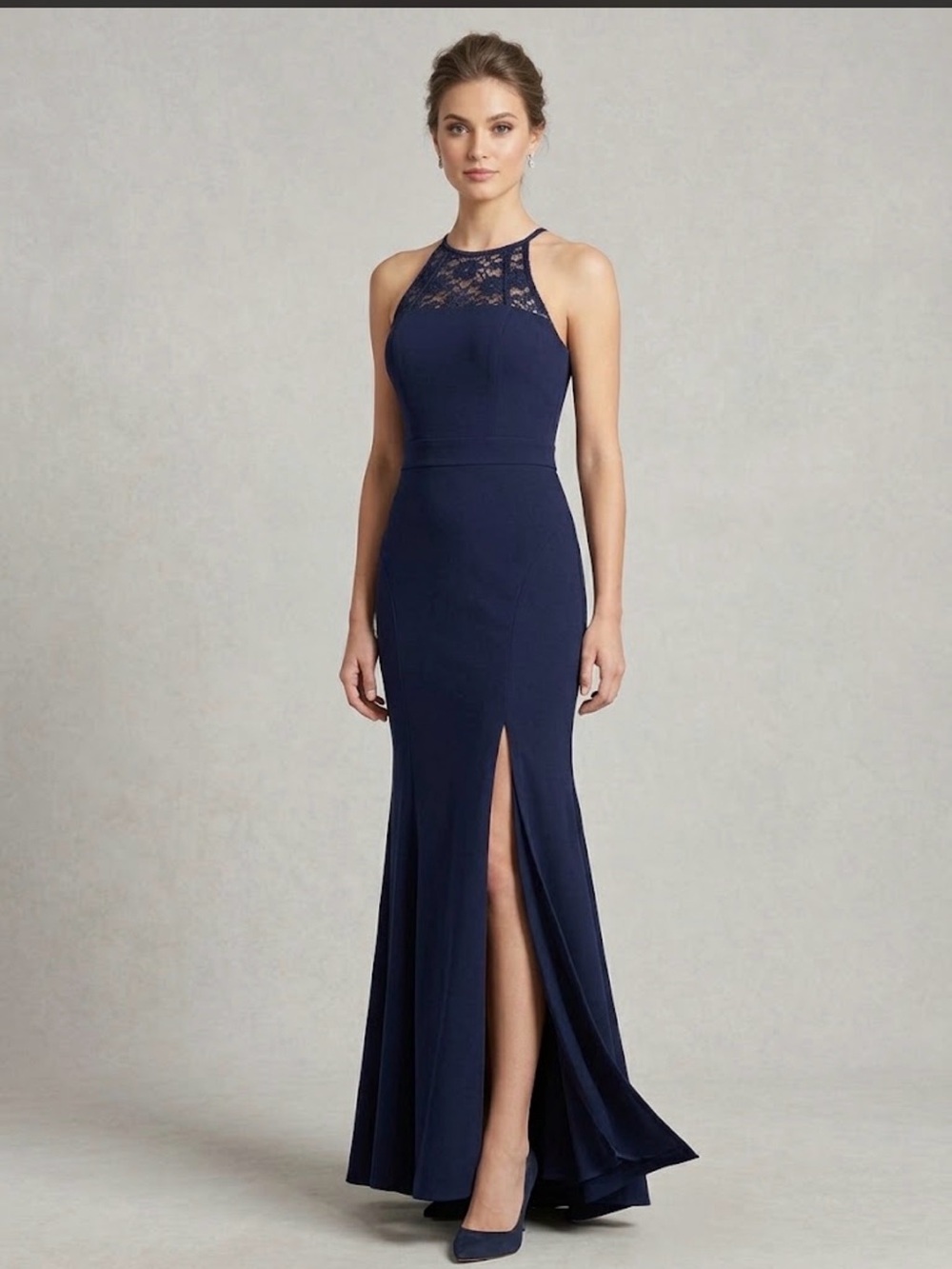 Emerald Sundae Navy Lace Halter Maxi Gown